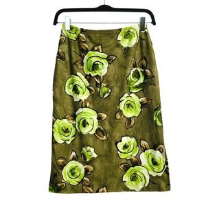 Newpark Vintage Y2K Floral Skirt Olive Lime Green Rose Print Made in USA Small